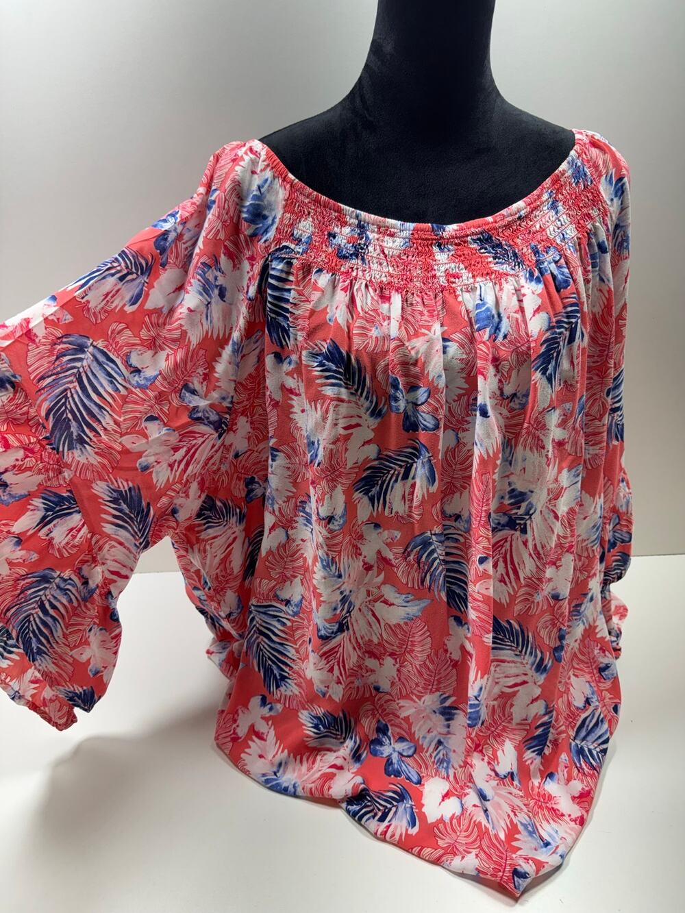 Terra & Sky Women’s Plus Size 3X (24-26W) Peach Blue Ruched Collar Summer Resort